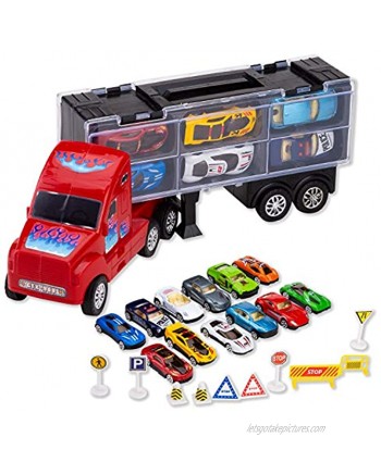 JOYIN Transport Car Carrier Toy Truck Includes 12 Die-cast Toy Cars 10 Accessories; Truck Carrier Fits 12 Toy Car Slots Great Car Toys for Kids