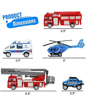 Set of 5 Rescue Diecast Police Firetruck Pullback Vehicles Playset 1:64 Scale