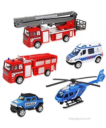 Set of 5 Rescue Diecast Police Firetruck Pullback Vehicles Playset 1:64 Scale