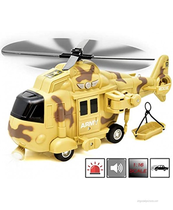 US Army Military Helicopter Friction Powered Rescue Vehicle for Boys Push and Go Chopper Toy with Action Lights and Sounds