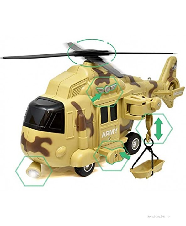 US Army Military Helicopter Friction Powered Rescue Vehicle for Boys Push and Go Chopper Toy with Action Lights and Sounds