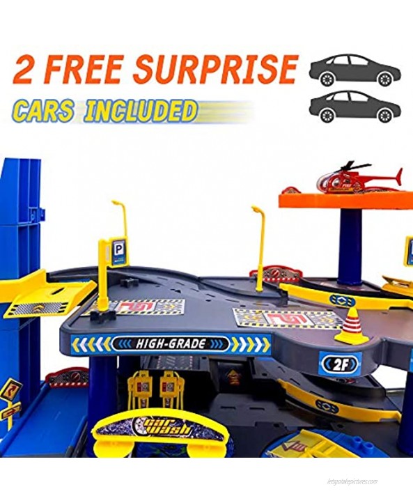 2-Level Garage Toy Set Car Vehicle Building Parking Lot Race Tracks for Boys with 1 Helicopter and 2 Random Cars Durable Garage Playset for Boys Kids Toddler Great Race Track Perfect Car Track