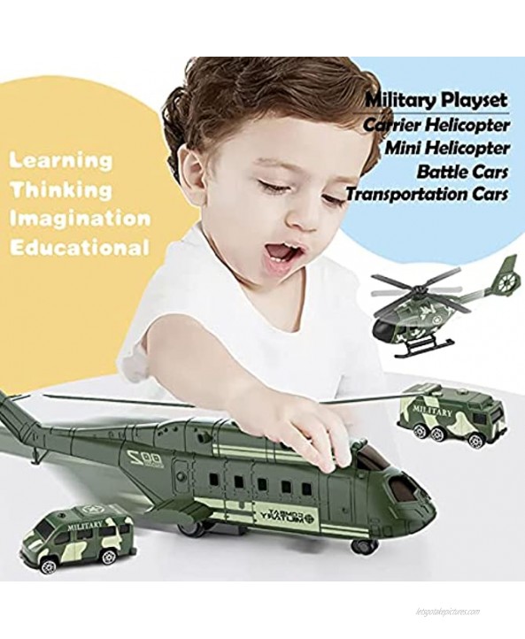 Army Toy Helicopter Playset Friction Powered Transport Helicopter with 5 Mini Vehicle 10 Army Men Figure and Environment Accessories Military Toy Gift for Boy Kid Girl 3 4 5 Year Old Party Favor