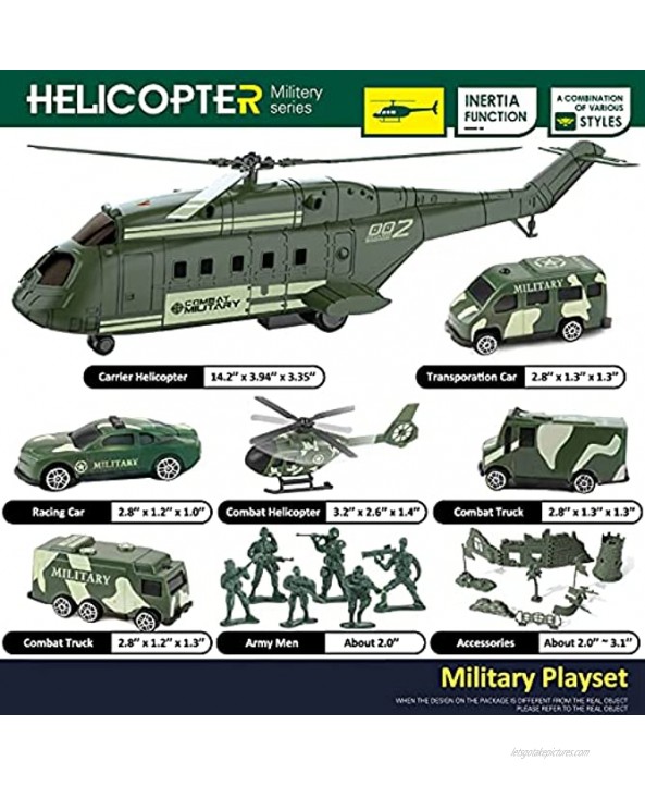Army Toy Helicopter Playset Friction Powered Transport Helicopter with 5 Mini Vehicle 10 Army Men Figure and Environment Accessories Military Toy Gift for Boy Kid Girl 3 4 5 Year Old Party Favor