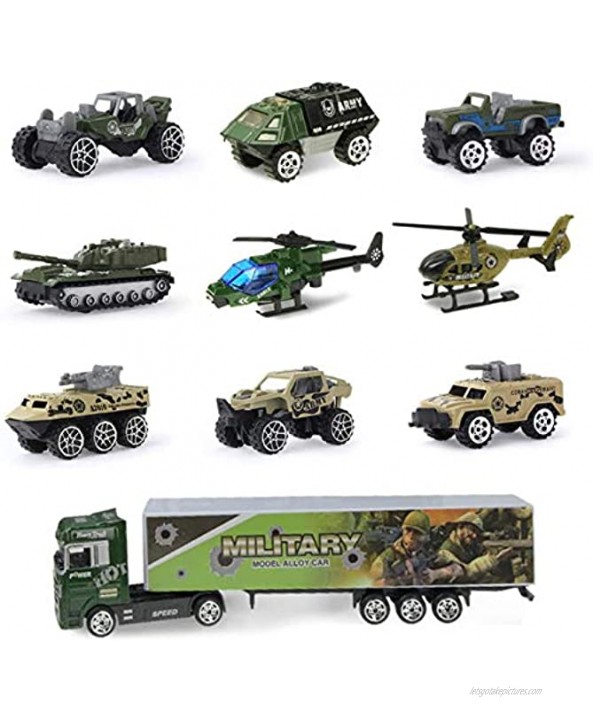 Coolplay 10 in 1 Military Army Vehicle Truck for Toddler Mini Battle Car Toy Set in Carrier Truck for Kids Boys 3 Years Old