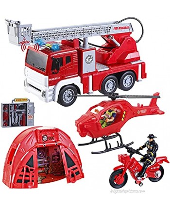 JOYIN Fire Station Vehicle Toy Play Set Including Fire Emergency Truck with Light and Sound Helicopter Motorcycle Camp and Firemen Action Figures Pretend Fire Rescue Toys for Over 3 Years Old Boys