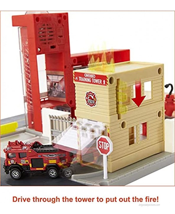 Matchbox Action Drivers Fire Station Rescue Playset with 1:64 Scale Firetruck Light & Sound Effects Moving Parts Pretend Fire That Kids Extinguish 3 Years Old & Up