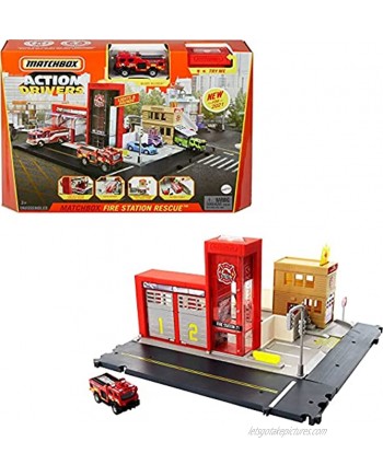 Matchbox Action Drivers Fire Station Rescue Playset with 1:64 Scale Firetruck Light & Sound Effects Moving Parts Pretend Fire That Kids Extinguish 3 Years Old & Up