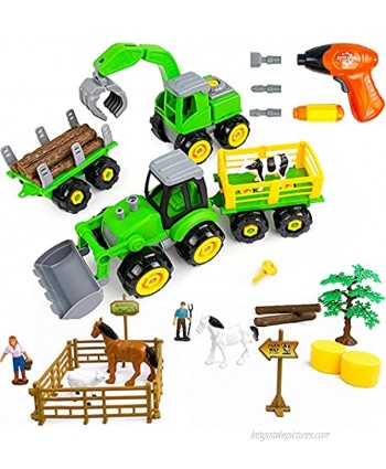 MICHEF Take Apart Toys Play Farm Truck Tractor and Excavator Toy Set with Electric Drill Farm Animals and Farm Accessories Included STEM Learning Toys for Boys Girls Kids Toddlers Building Toy