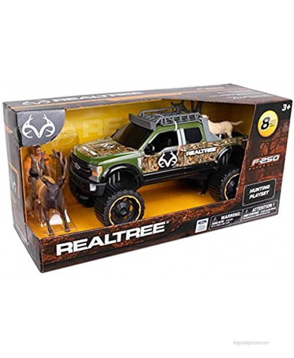 NKOK Realtree Camo 1 18 Scale Free-Wheel Playset 8-PC Set Ford F-250 Super Duty w Accessories: Roll Bar Roof Rack Light Bar Working Doors and Tailgate Game Hoist Hunter Bow&Arrows Dog & Elk