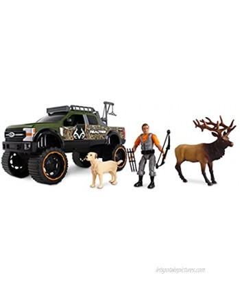 NKOK Realtree Camo 1 18 Scale Free-Wheel Playset 8-PC Set Ford F-250 Super Duty w  Accessories: Roll Bar Roof Rack Light Bar Working Doors and Tailgate Game Hoist Hunter Bow&Arrows Dog & Elk