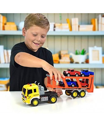 Sunny Days Entertainment Long Haul Vehicle Transport – Lights and Sounds Pull Back Toy Vehicle with Friction Motor | Includes 4 Die Cast Pick Up Trucks – Maxx Action