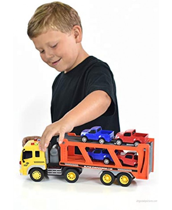 Sunny Days Entertainment Long Haul Vehicle Transport – Lights and Sounds Pull Back Toy Vehicle with Friction Motor | Includes 4 Die Cast Pick Up Trucks – Maxx Action