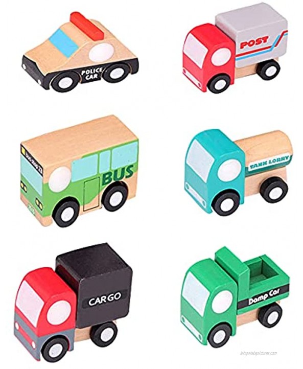 TEKOR 12 Wooden Mini Cars Endless and Timeless Playing-Includes Police Car Ambulance Bus Fire Engine Dump Truck Cement Mixer Mail Truck Tanker Cargo Truck Fork Lift Digger Font End Loader