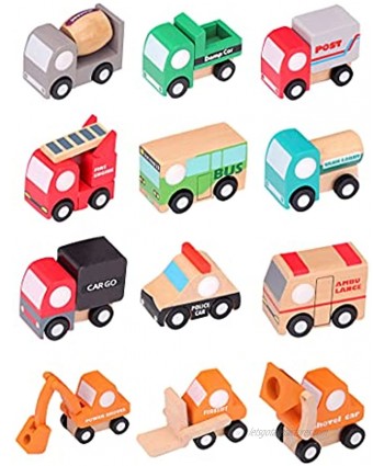 TEKOR 12 Wooden Mini Cars Endless and Timeless Playing-Includes Police Car Ambulance Bus Fire Engine Dump Truck Cement Mixer Mail Truck Tanker Cargo Truck Fork Lift Digger Font End Loader
