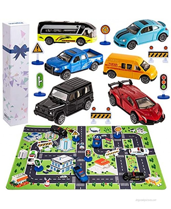 Toy Cars for 2 3 4 5 6 Year Old Boys 6 City Diecast Car Toys 6 Road Signs and 15.5 x 23.5 Playmat Metal Pull Back Car Best Gifts for 2 3 4 5 6 Year Old Boys Toddlers Kids