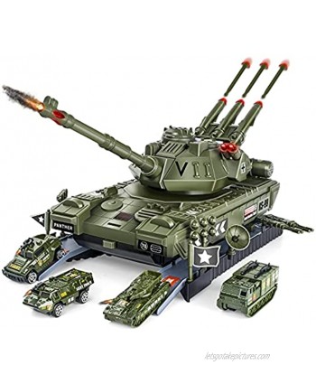 UNIH Tank Toy Sets Military Transport Tank and 4PCS Army Vehicles Tank & Vehicle Playset with 4 Sound and Launcher Birthday Gift for Kids Boys 3 4 5 6 7 Years Old Battery not Included