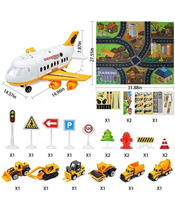 WTOR Transport Cargo Airplane Car Toy Set with Plane Vehicle Truck and Large Play Mat Road Signs Combination Gift for for 3 4 5 6 Year Old Boys Kids
