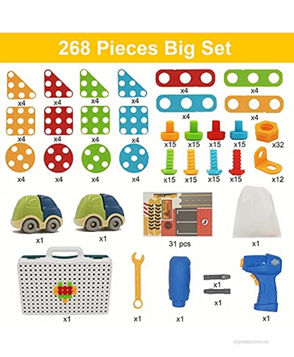 268 Pieces Kids Electric Drill Construction Toys STEM Activities Educational Building Blocks Set 3D DIY Kits for Boys Ages 3 4 5 6 7 8 Year Old Creative Learning Tool Game Gifts
