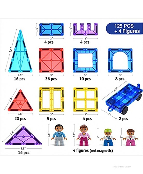 Magnetic Tiles 125pcs + 4 Figures Magnetic Tiles for Kids Toy for 3 4 5 6 7 8 Year Old Boys & Girls Educational Construction STEM Toy Magnetic Tiles Building Set Great Gift for Kids Aged 3-8