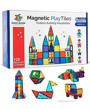 Magnetic Tiles 125pcs + 4 Figures Magnetic Tiles for Kids Toy for 3 4 5 6 7 8 Year Old Boys & Girls Educational Construction STEM Toy Magnetic Tiles Building Set Great Gift for Kids Aged 3-8