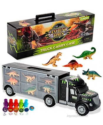 Oumoda Dinosaur Truck Transport Car Carrier Truck Toy with 6 Dinosaurs Toys Inside and 10 Dinosaur Stamps Gifts for Kids Boys Toy for Ages 3 4 5 Years Old and Up