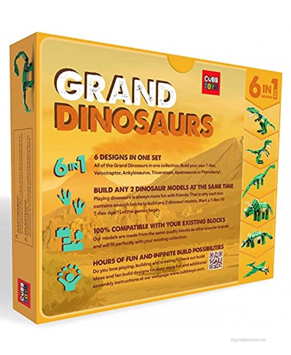 SmartEmily Cubb Toys Grand Dinosaurs 6in1 Dinosaur Toy Set Building Blocks for Boys and Girls Build a T-rex Velociraptor Apatosaurus Pterodactyl Triceratops Ankylosaurus 672 Pieces