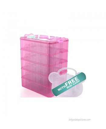 Stack Boxx Stackable Organizer and Storage Container Pink +Free Case | Be Clutter-Free Be Happy! 5 Layers w Handle -Perfect Solution for Kids Toys Art Crafts Jewelry School & Office Supplies