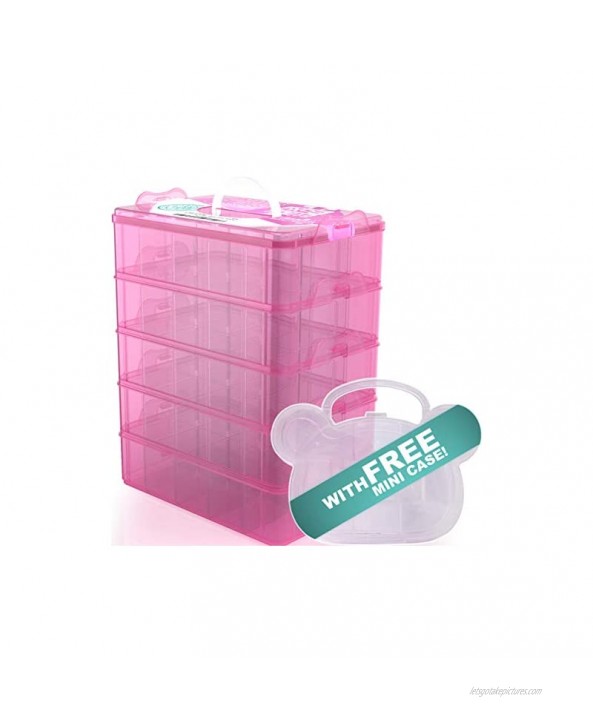 Stack Boxx Stackable Organizer and Storage Container Pink +Free Case | Be Clutter-Free Be Happy! 5 Layers w Handle -Perfect Solution for Kids Toys Art Crafts Jewelry School & Office Supplies