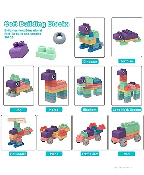 BLUECEDAR 2021Newest Soft Building Blocks Set for Toddler,Baby Ages 6 Month Old and Up,Safe Playing,Learning Stacking Block Toys,Non Wooden Gift for Kid Girl Boys,20Pieces Storage Bag