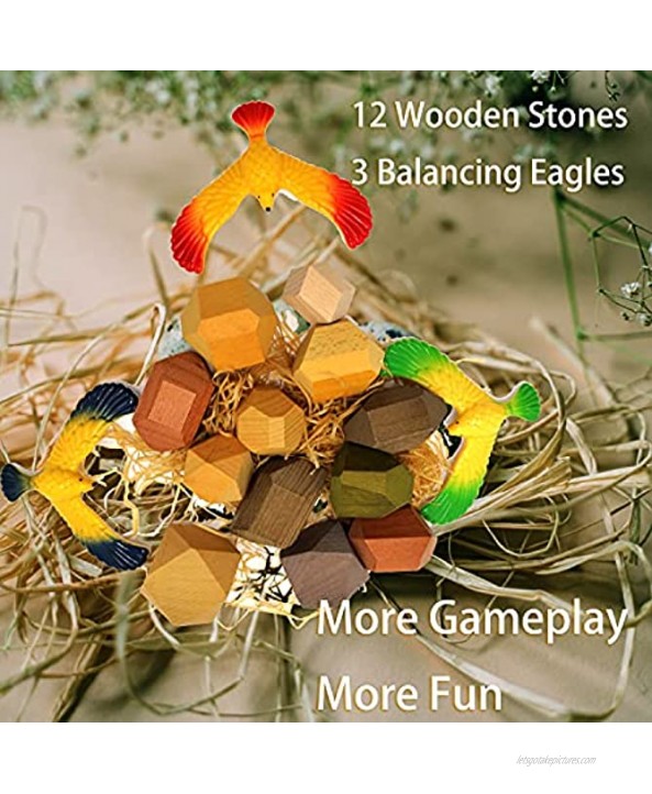 BMARLF Large Wooden Blocks Stacking Blocks Big Building Blocks Wooden Toys Rock and Play Kids Love Rocks 12 Pcs with Balancing Birds 3 pcs