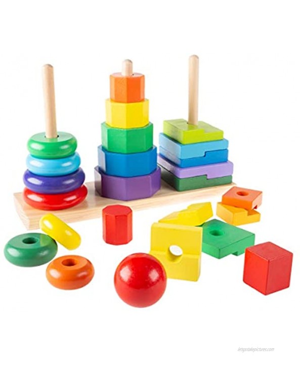 Hey! Play! Rainbow Stacking Shapes Classic Wooden Montessori Manipulation Toy for Babies and Toddlers to Learn Colors Shapes and Patterns