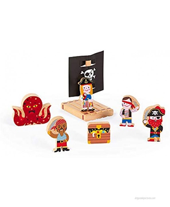 Janod Mini Story Box Toy 7 Piece Imagination and Role Playing Pirates Painted Wooden People and Animal Play Set for Ages 3+ J08580