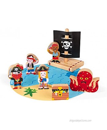 Janod Mini Story Box Toy 7 Piece Imagination and Role Playing Pirates Painted Wooden People and Animal Play Set for Ages 3+ J08580