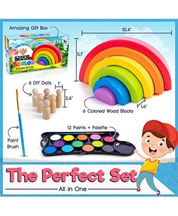 JOYOUT Children’s Rainbow Stacking Blocks Set: Toddlers’ 6 Wooden Rainbow Stacker Nesting Puzzle Pieces Plus 6 DIY Dolls 12 Paints Brush Palette