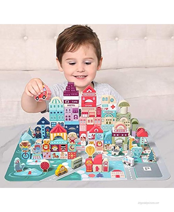 MODERNGENIC 181pcs 'Streetscape' Wooden Building Block Set for Toddlers Jigsaw Puzzle City Map 11 Buildings 3 Extra Bonus: Circus Zoo & Construction Site Preschool Learning Educational Toys