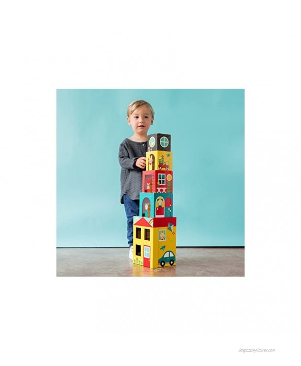 Petit Collage Peek-A-Boo Nesting and Stacking Blocks Playset Includes 4 Stacking Boxes and 3 Wooden Characters – Easy Storage and Cute Illustrations – Makes a Great Gift Idea
