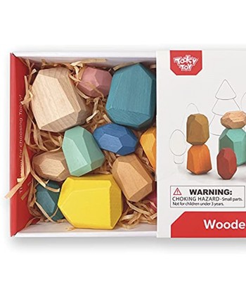 TOOKYLAND 16 Pcs Wooden Soring Stacking Balancing Stone Rocks,Wood Building Blocks Set,Colorful Educational Montessori Puzzle Toys Set for Toddlers Kids 3+