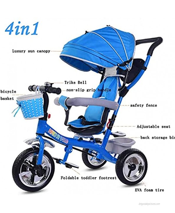 4 in 1 Kids Tricycles,3 Wheel Toddler Trike Tricycle,Baby Tricycle Push Stroller Bike with Foldable Pedals and Removable Canopy for Ages 1-3Years Old Blue