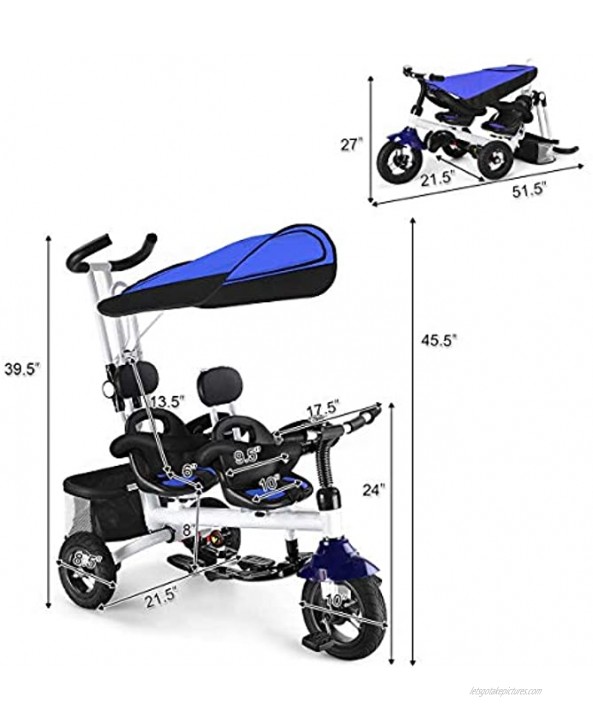 Baby Joy Tricycle 4 in 1 Twin Stroller for Toddlers with Removable Canopy Adjustable Push Handle Double Brake Rotatable Seat Storage Folding Baby Trike Toddler Tricycle for 1-5 Years Old
