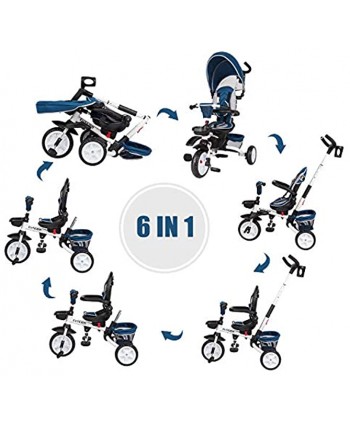 Baby Tricycle 6-in-1 Foldable Steer Stroller Learning Bike w Detachable Guardrail Adjustable Canopy Safety Harness Storage Bag Brake Shock Absorption Design for Kids Boys Girls Blue
