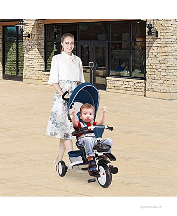 Baby Tricycle 6-in-1 Foldable Steer Stroller Learning Bike w Detachable Guardrail Adjustable Canopy Safety Harness Storage Bag Brake Shock Absorption Design for Kids Boys Girls Blue