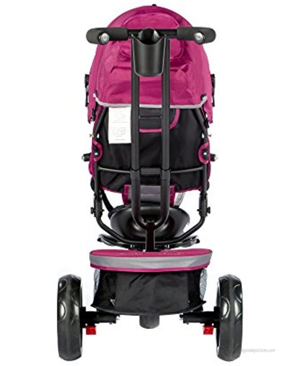 Evezo 302A 4-in-1 Parent Push Tricycle for Kids Stroller Trike Convertible Swivel Seat Reclining Seat 5-Point Safety Harness Full Canopy LED Headlight Storage Bin Burgundy Pink