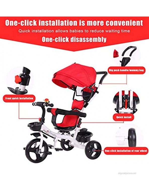 Huokan 5-in-1 Toddler Tricycle Stroller Folding Baby Tricycle Steer Stroller with Learning Bike w Adjustable Canopy Large Storage Basket and Foldable Pedal Design for Toddler Boys and Girls Red