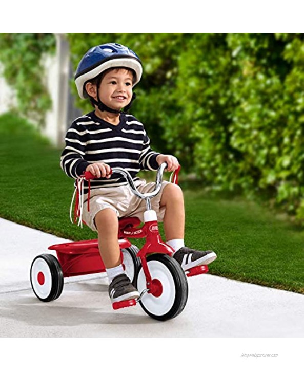 Radio Flyer 411S Kids Toddler Readily Assembled Adjustable Beginner Trike Tricycle Bike with Storage Bin and Handle Streamers Red