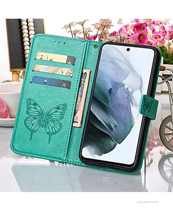 Aoucase Compatible with Samsung Galaxy A02S Wallet Strap Case with Card Holder Cute Butterfly Print Premium PU Leather Magnetic Flip Shockproof Protective Cover for Women Girls,Green