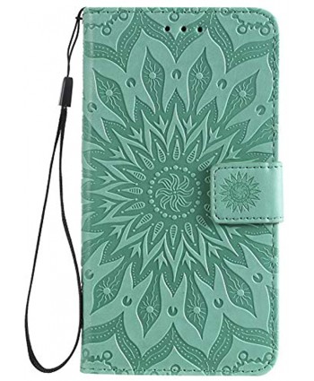 Cute Wallet Case for iPhone 12 Mini 5.4",Strap Flip Case iPhone 12 Mini 5.4",Herzzer Retro Elegant Green Mandala Flower Pattern Stand Magnetic Leather Case with Soft Rubber