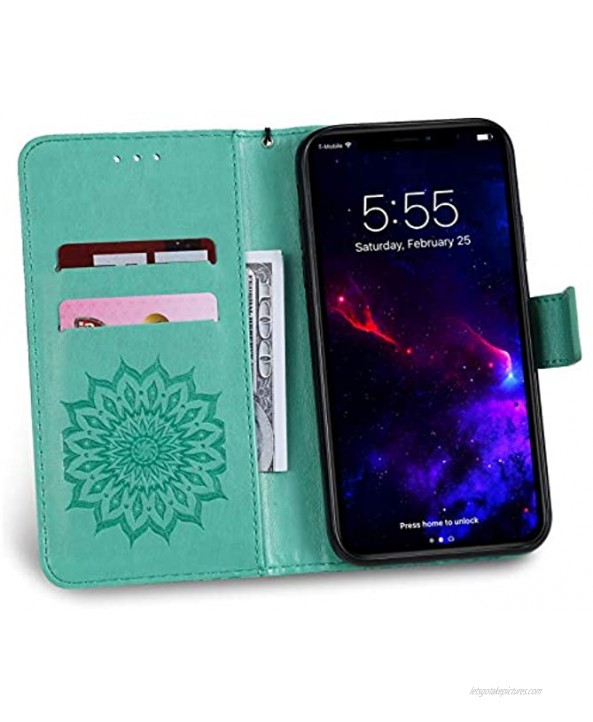 Cute Wallet Case for iPhone 12 Mini 5.4,Strap Flip Case iPhone 12 Mini 5.4,Herzzer Retro Elegant Green Mandala Flower Pattern Stand Magnetic Leather Case with Soft Rubber
