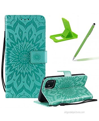 Cute Wallet Case for iPhone 12 Mini 5.4",Strap Flip Case iPhone 12 Mini 5.4",Herzzer Retro Elegant Green Mandala Flower Pattern Stand Magnetic Leather Case with Soft Rubber
