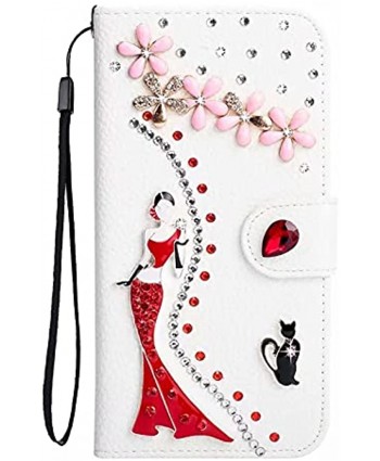White Leather Diamond Strap Case for Google Pixel 5A 5G,Herzzer Stylish 3D Handmade Bling Glitter Soft Silicone Stand Wallet Flip Case,Red Dress Girl